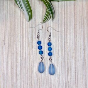 Blue Sea Glass Teardrop Dangle Earrings | Sterling Silver | Handmade